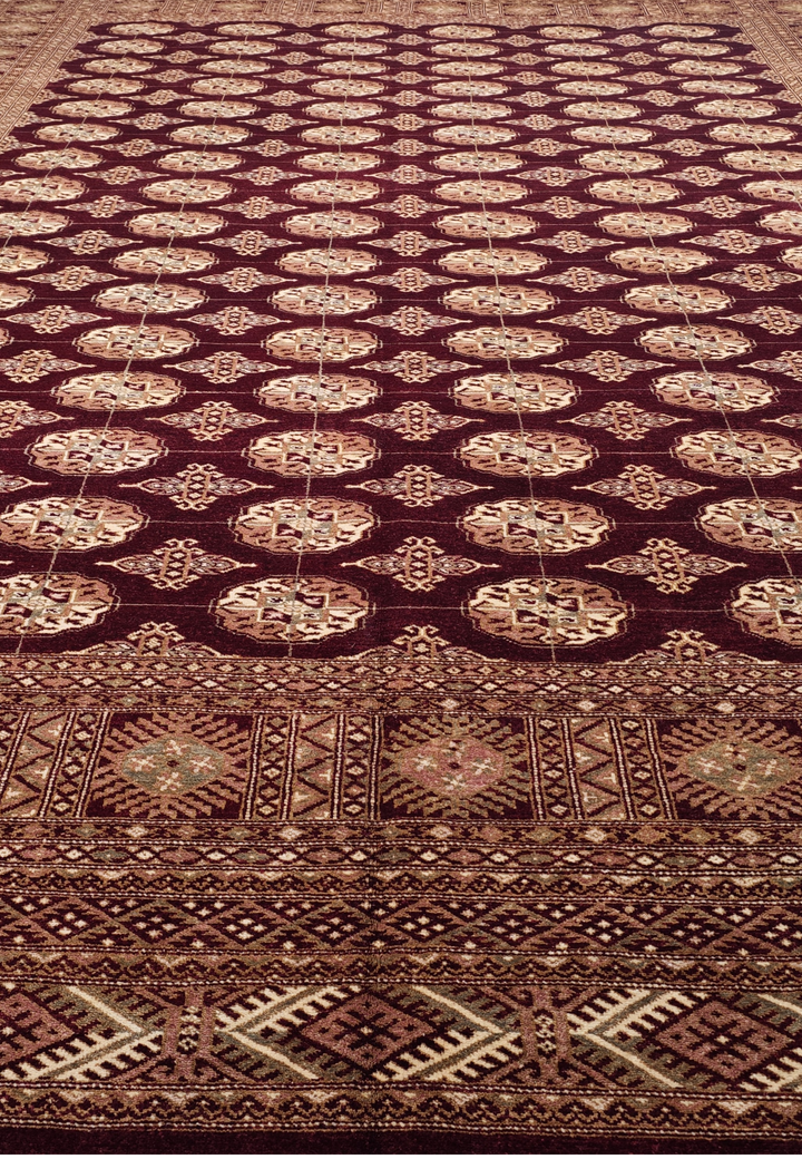 Aubergine and Tan Bokhara, Hand-Knotted Wool Rug