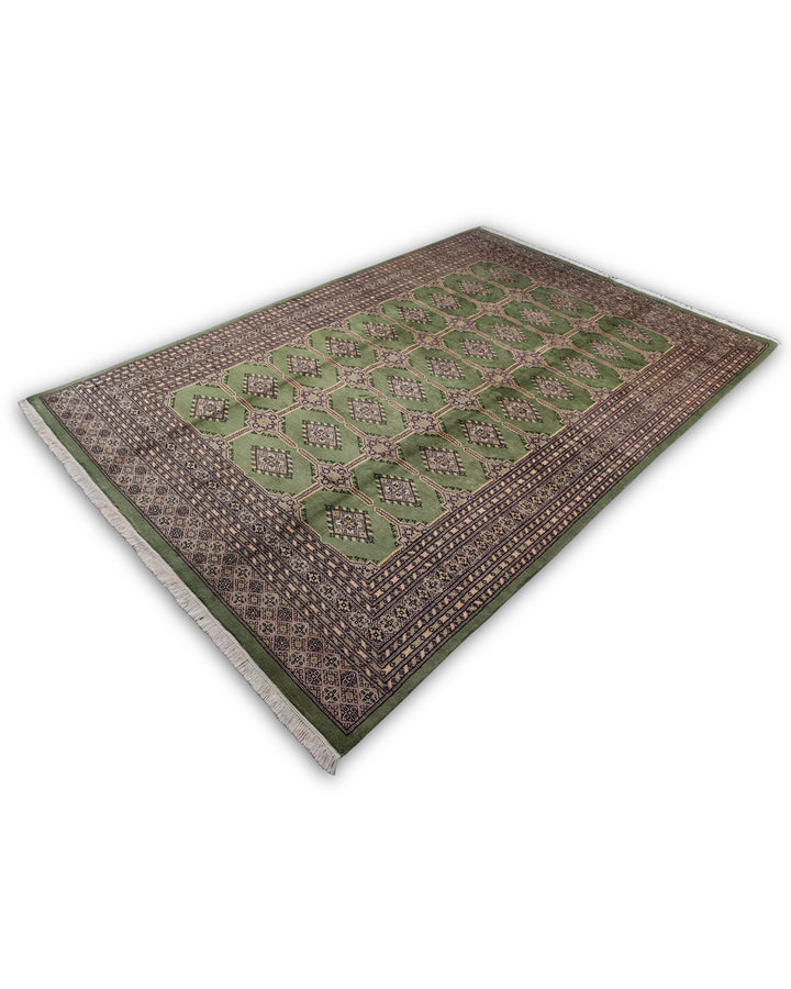 Moss Green Diamond Gül Jaldar Rug, Hand-Knotted Pakistani Wool