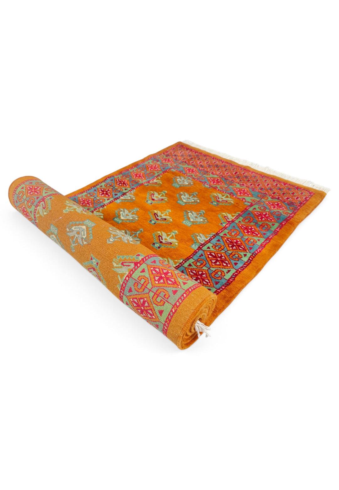 Saffron and Teal Flowering Shrub Repeat, Hand-Knotted Wool Rug