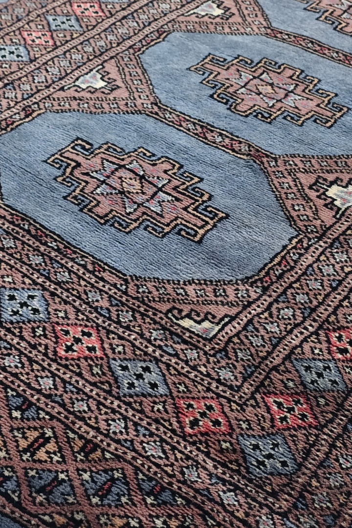 Dusty Blue and Rose Turkmen Gül Bokhara, Hand-Knotted Wool Rug