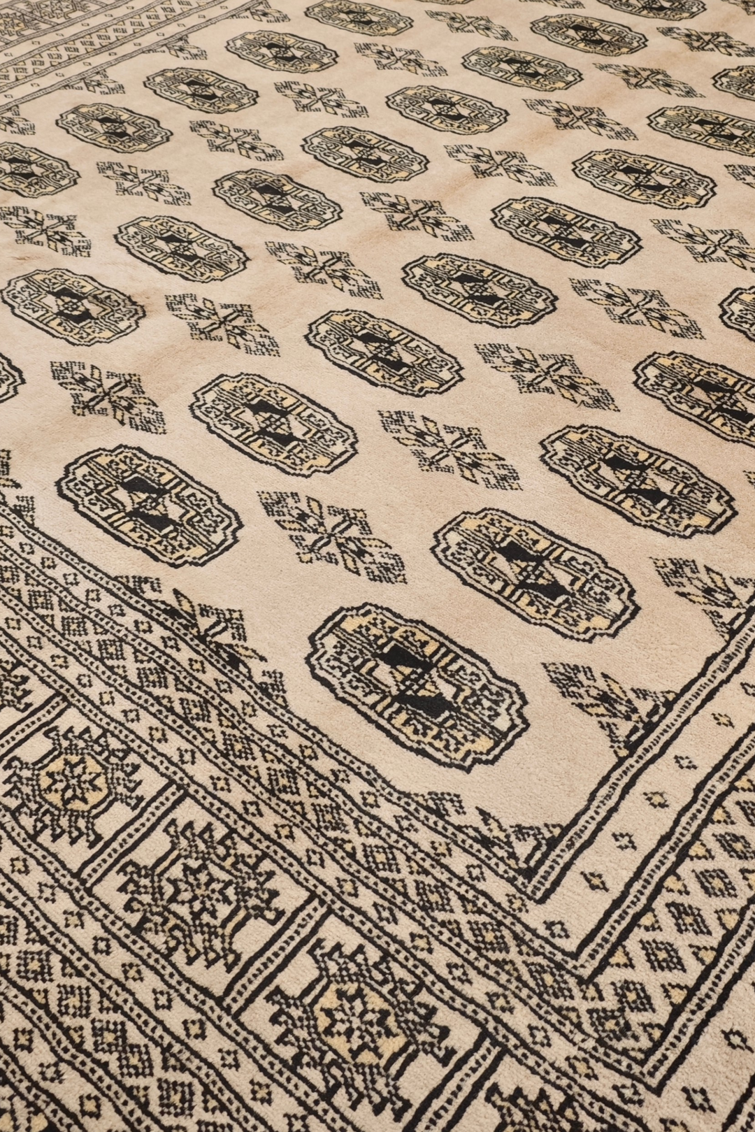Cream and Walnut Turkmen Gül Bokhara, Hand-Knotted Wool Rug