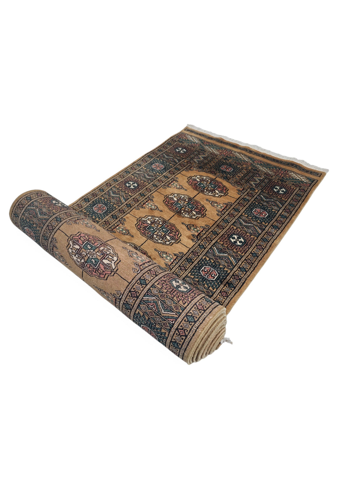 Camel and Teal Turkmen Gül Bokhara, Hand-Knotted Wool Rug