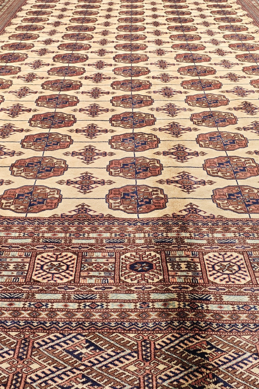 Ivory and Chestnut Turkmen Gül Bokhara, Hand-Knotted Sherwan
