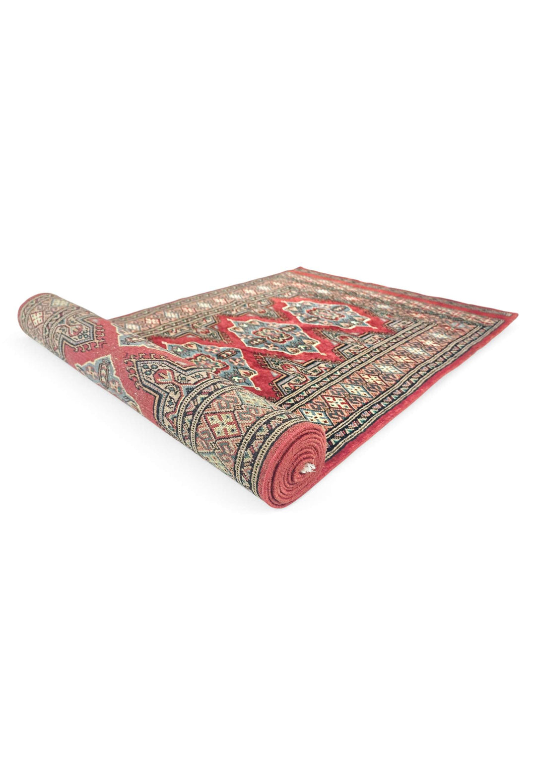 Crimson and Sea Green Jaldar Lozenge, Hand-Knotted Wool Rug