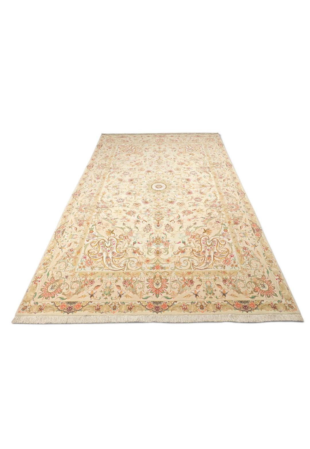 Cream and Gold Radiating Medallion Tabriz, Hand-Knotted Wool Rug