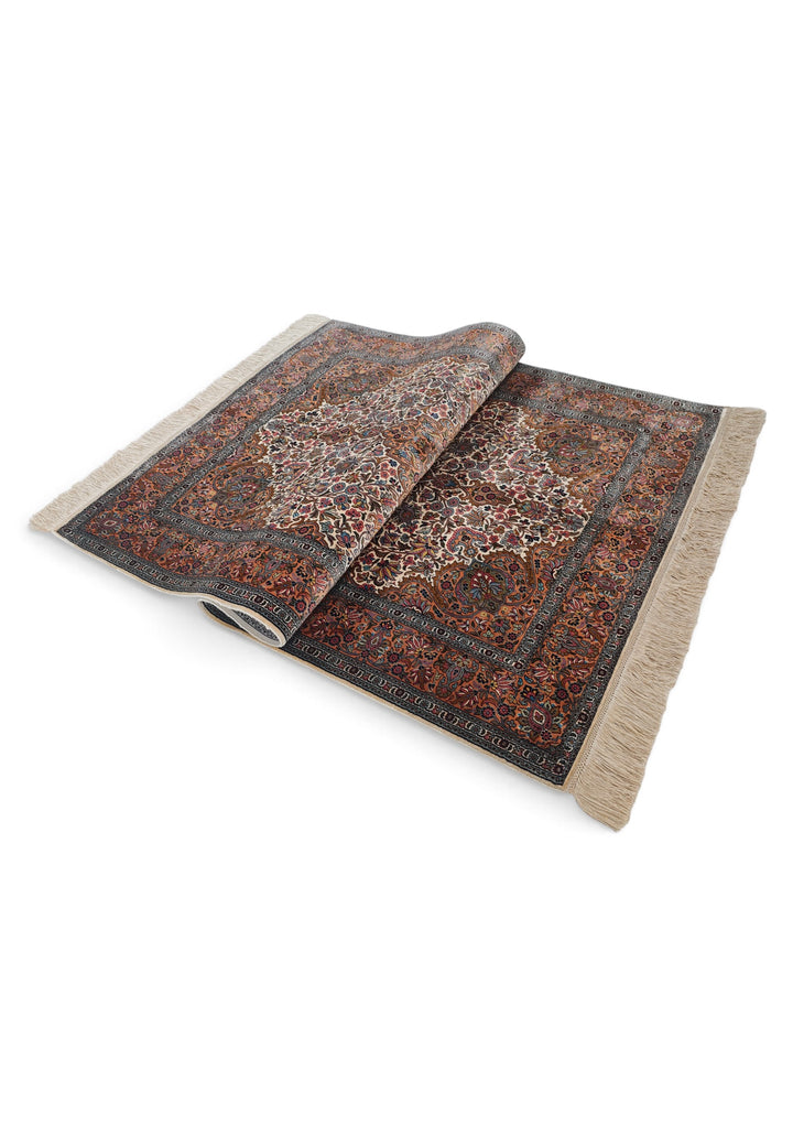 Cream and Brown Boteh Medallion, Hand-Knotted Silk Rug