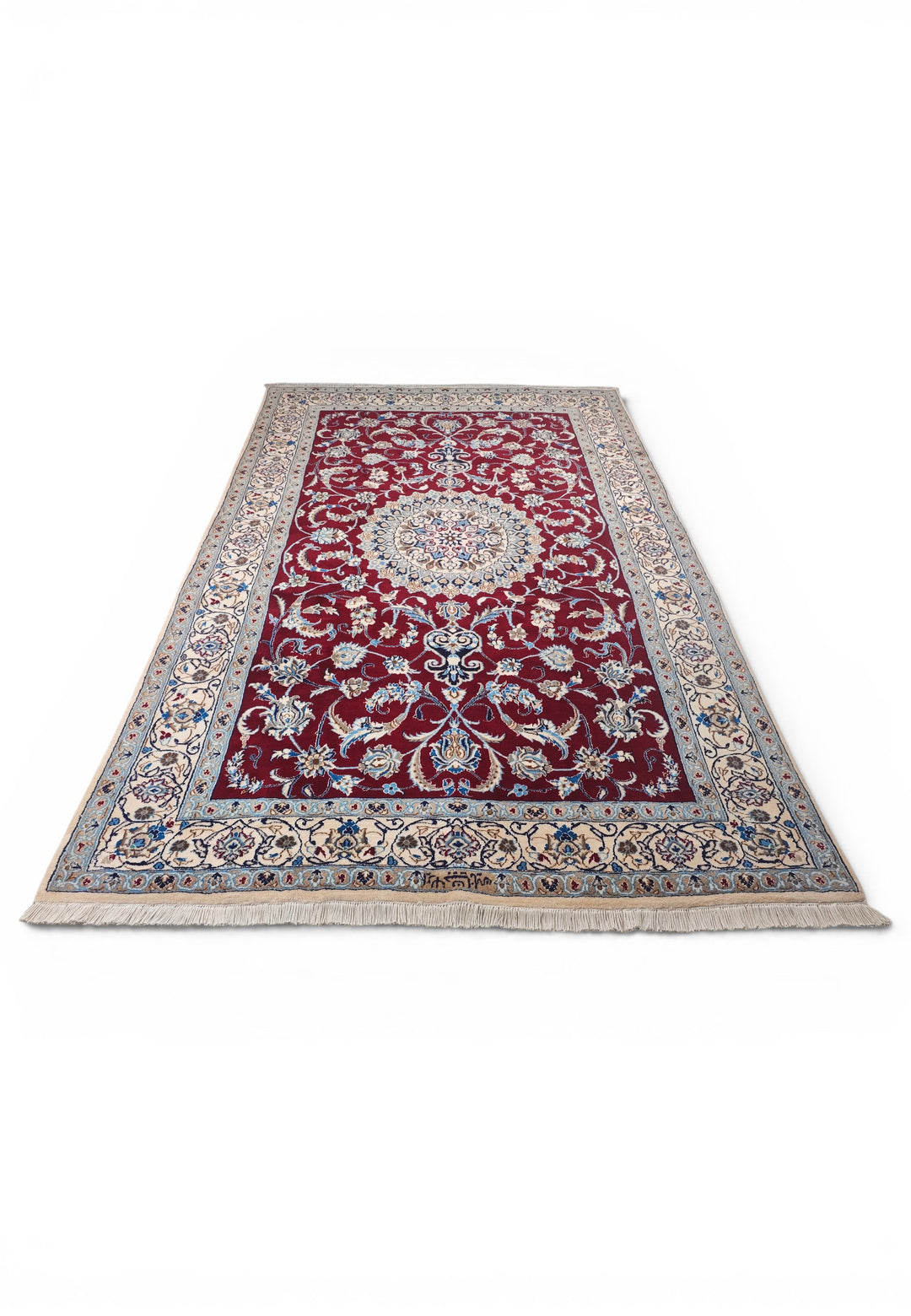 Wine-Red Medallion Persian Nain, Hand-Knotted Wool Rug