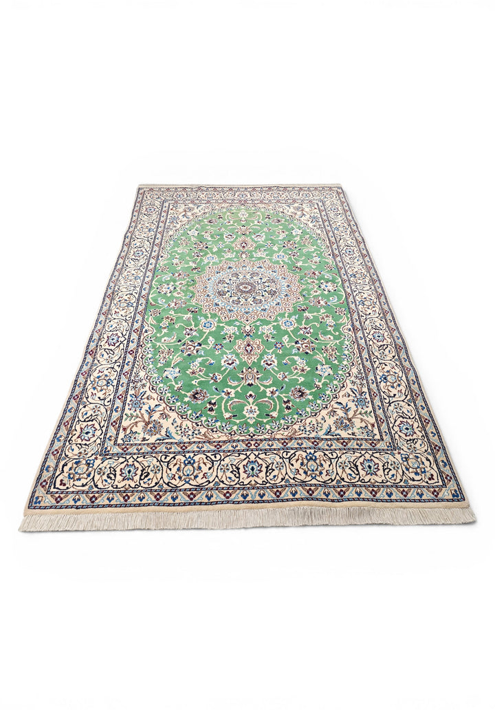 Pistachio-Green Medallion Persian Nain, Hand-Knotted Wool Rug