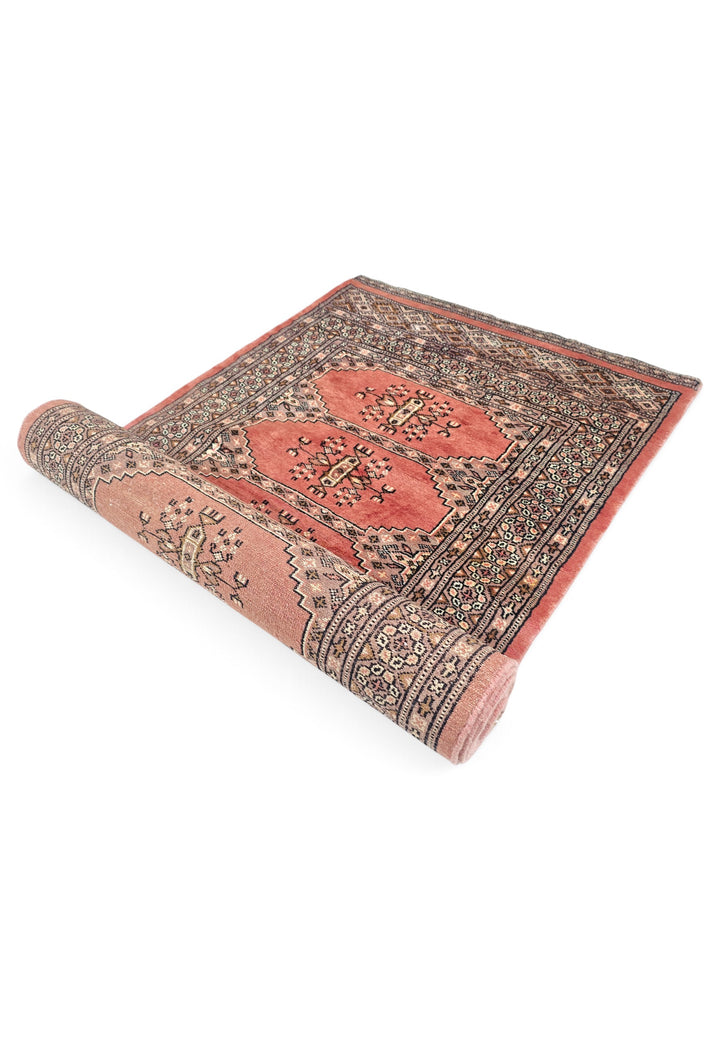 Salmon and Ivory Turkmen Gül Bokhara, Hand-Knotted Wool Rug