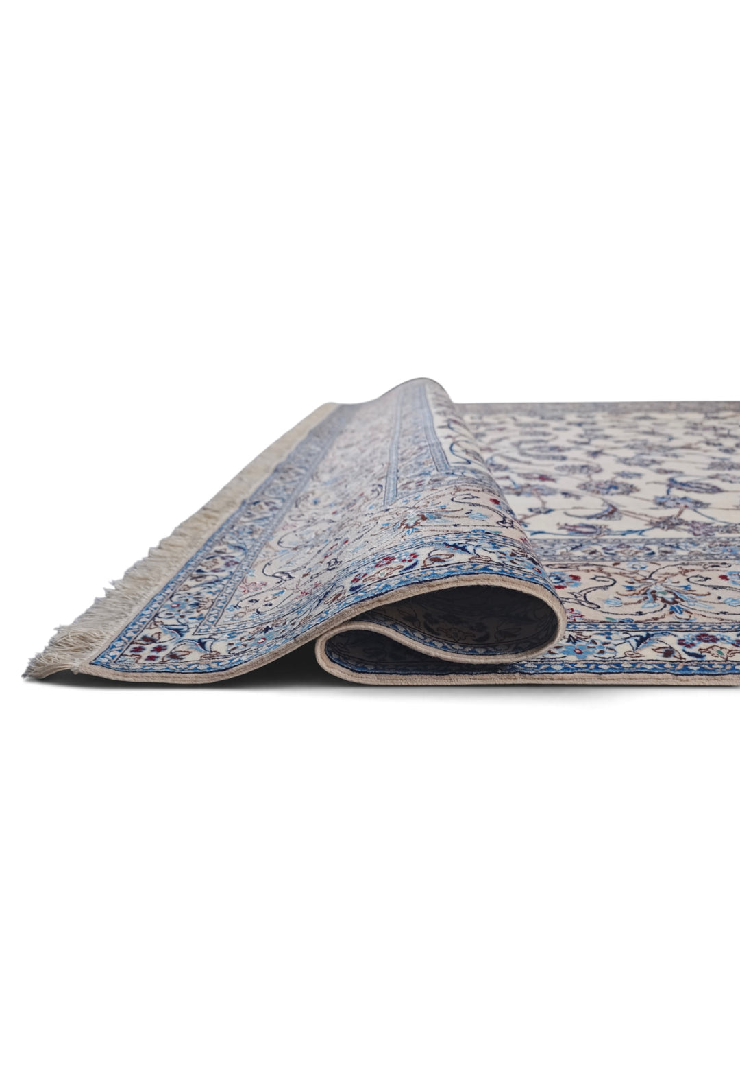 Ivory and Blue All-Over Arabesque Nain, Hand-Knotted Wool Rug
