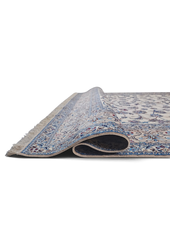Ivory and Blue All-Over Arabesque Nain, Hand-Knotted Wool Rug