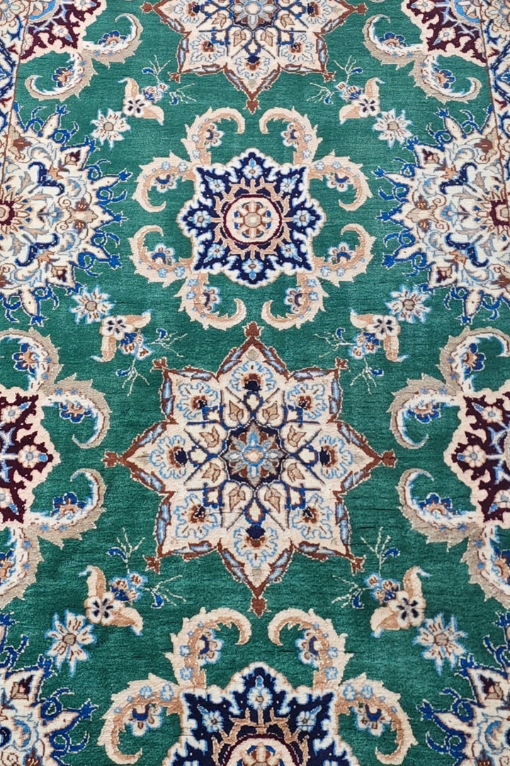 Teal and Ivory Star Medallion Nain, Hand-Knotted Wool Rug