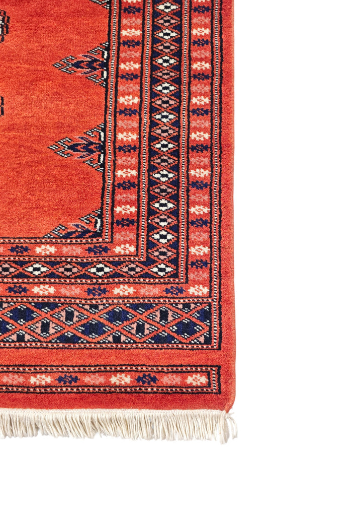 Coral Red and Indigo Turkmen Gül Bokhara, Hand-Knotted Wool Rug