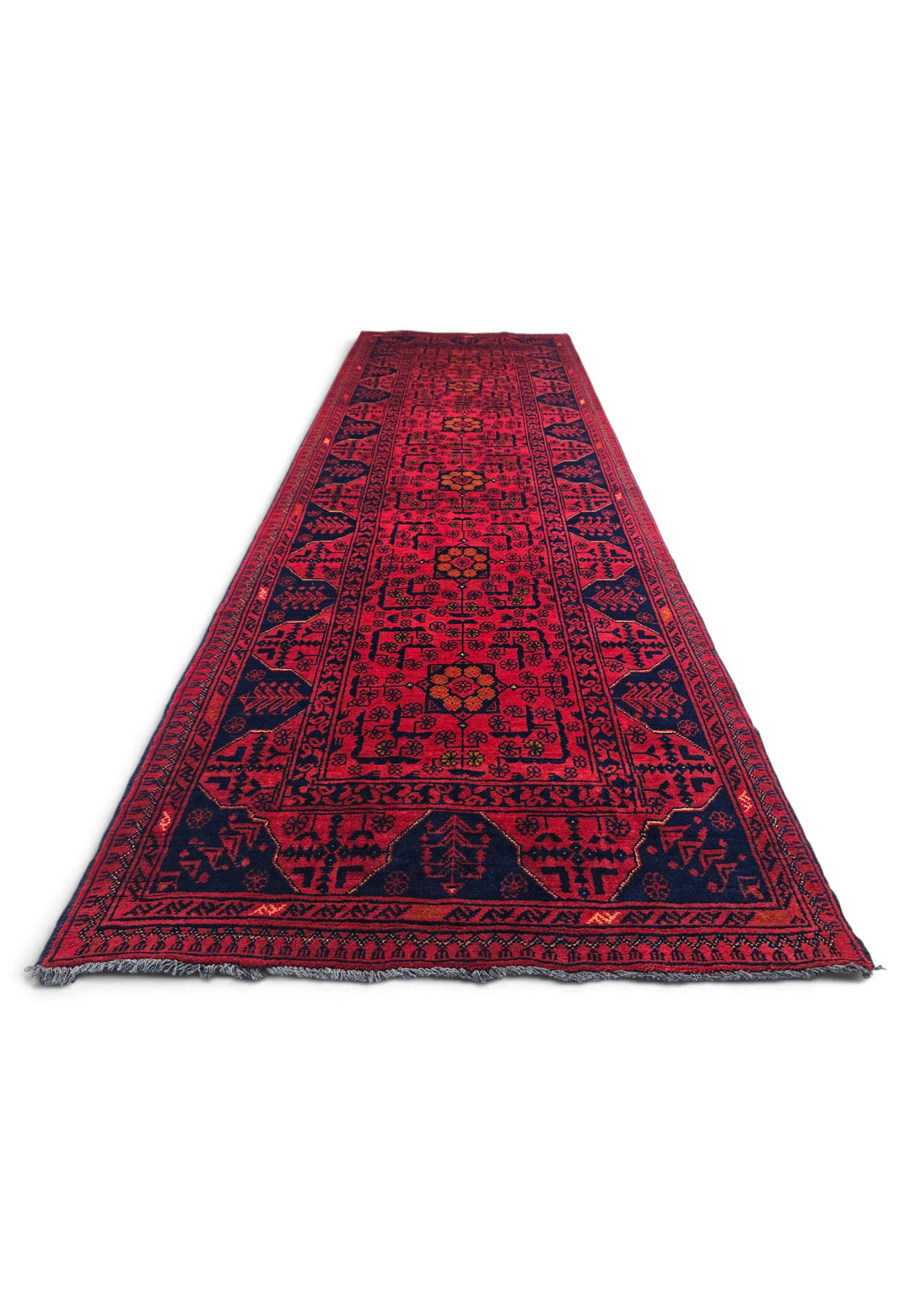 Raspberry Red and Navy Khan Muhammadi Runner, Hand-Knotted Wool