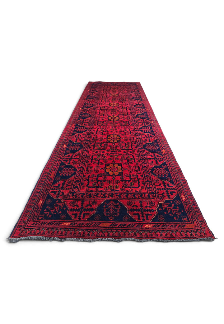 Raspberry Red and Navy Khan Muhammadi Runner, Hand-Knotted Wool