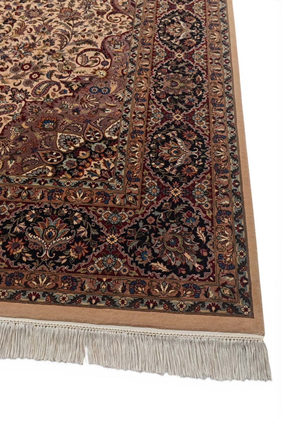 Ivory and Navy Floral Medallion, Hand-Knotted Wool and Silk Rug