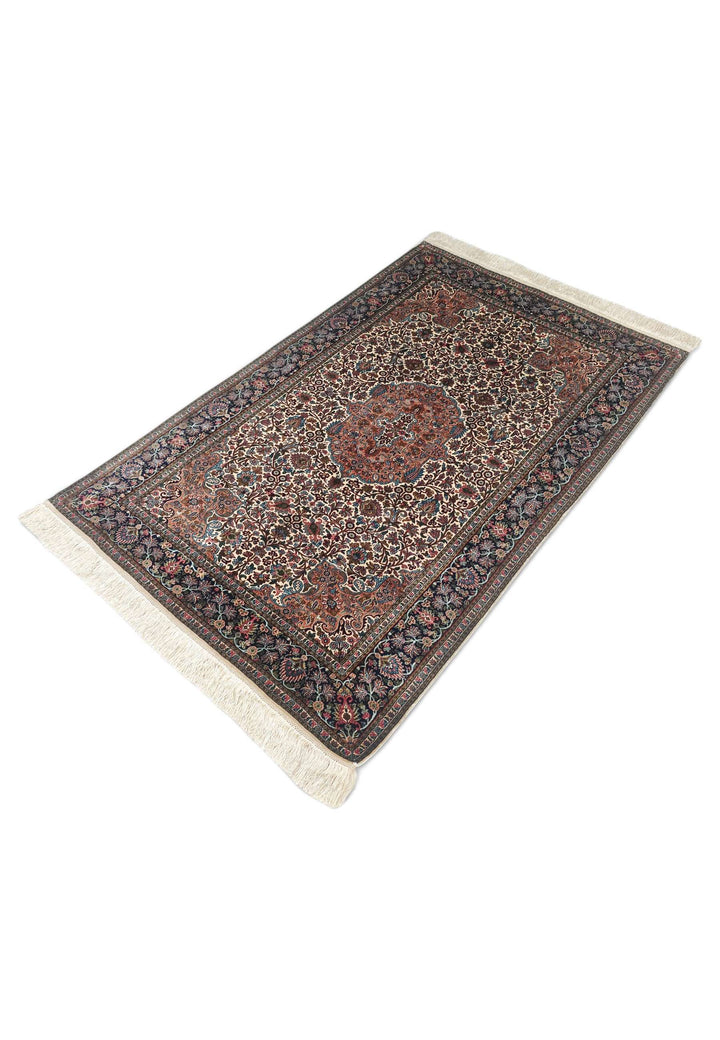 Ivory and Rust Rosette Medallion, Hand-Knotted Silk Rug