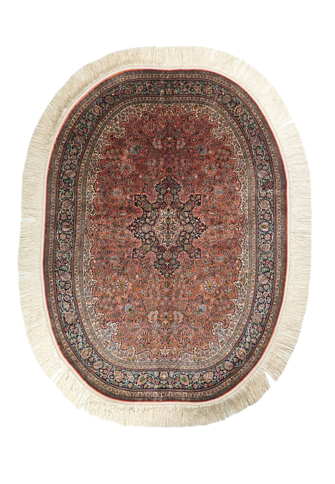 Brick Red and Black Oval Medallion, Hand-Knotted Silk Rug