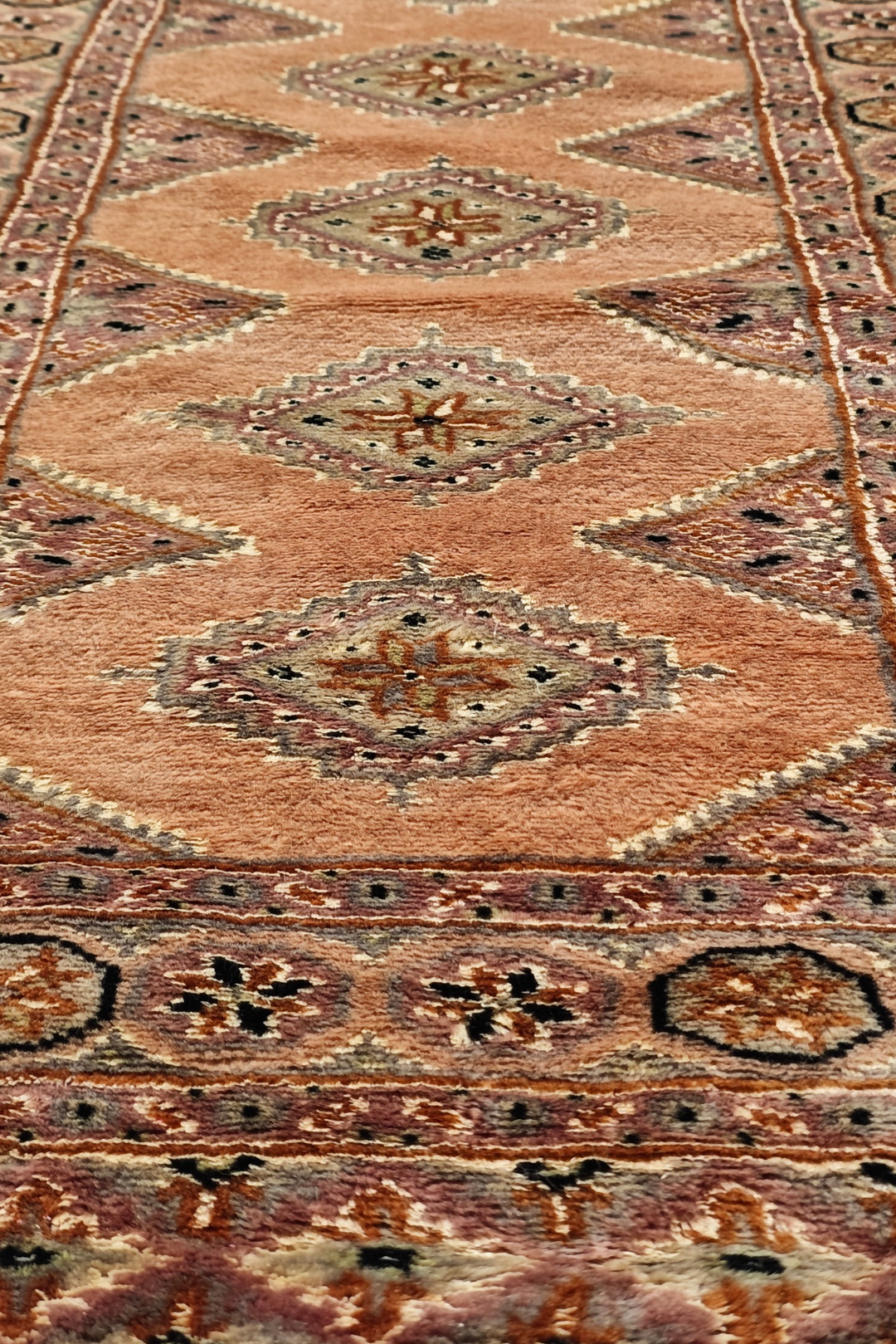 Salmon and Mauve Jaldar Diamond Gül, Hand-Knotted Wool and Silk Rug