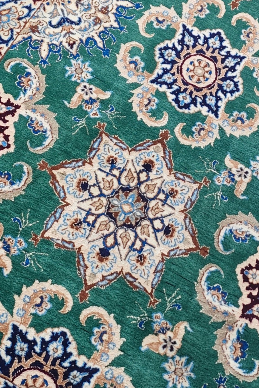 Teal and Ivory Star Medallion Nain, Hand-Knotted Wool Rug