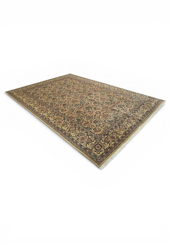 Gold and Teal Floral Vine, Hand-Knotted Wool Rug