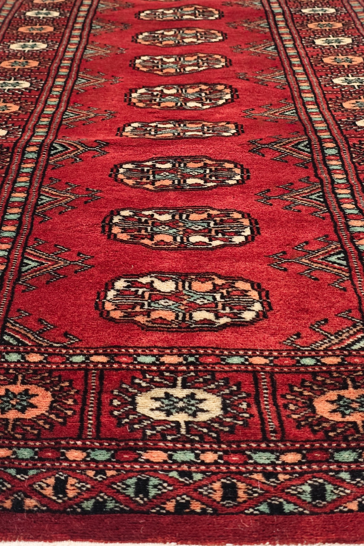 Ruby Red and Peach Turkmen Gül Bokhara, Hand-Knotted Wool Rug