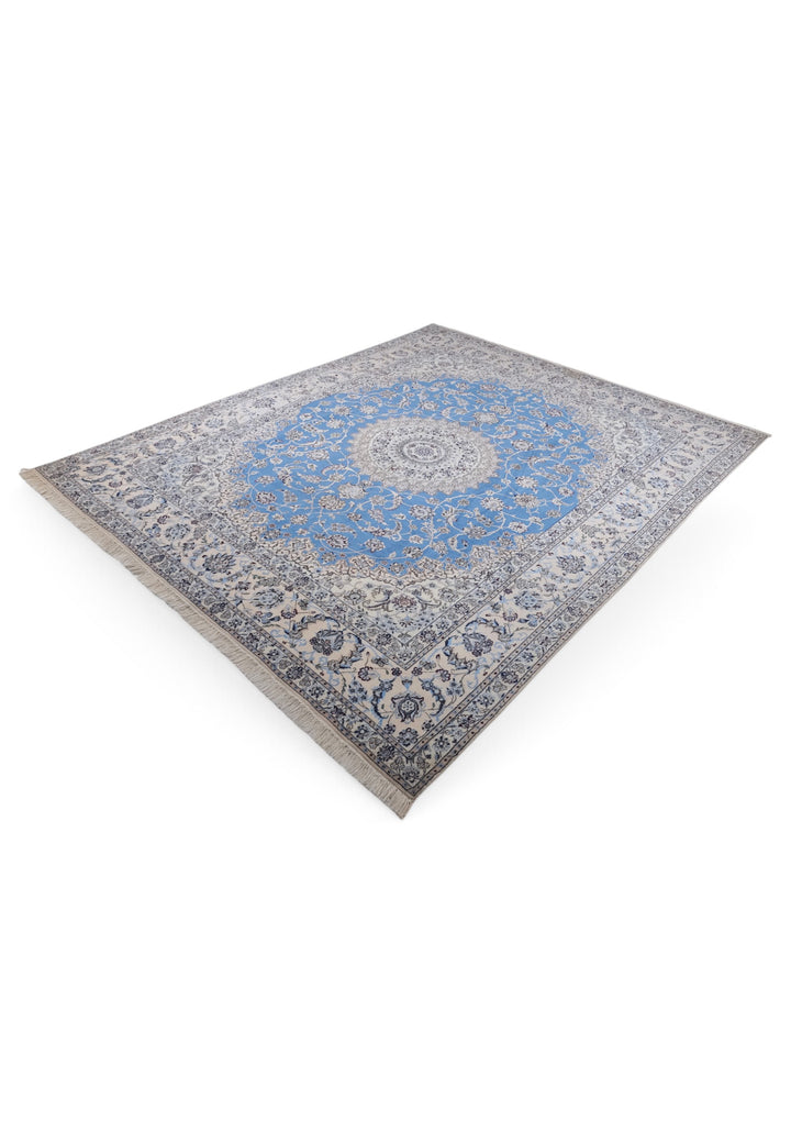 Blue and Ivory Gonbad Dome Nain, Hand-Knotted Wool Rug