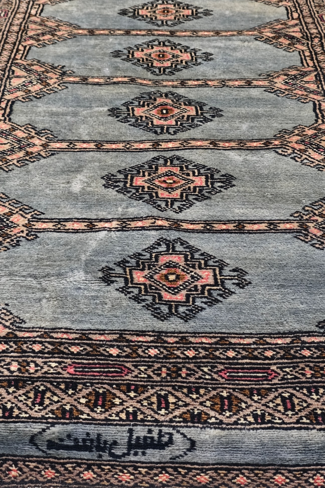 Dusty Blue and Peach Jaldar Diamond Medallion, Hand-Knotted Wool Rug