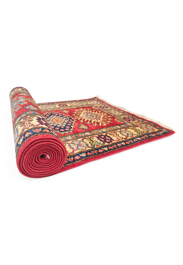Cherry Red and Cream Starburst Medallion Kazak, Hand-Knotted Wool Rug