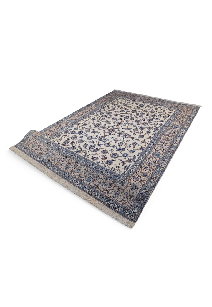 Ivory and Blue All-Over Arabesque Nain, Hand-Knotted Wool Rug