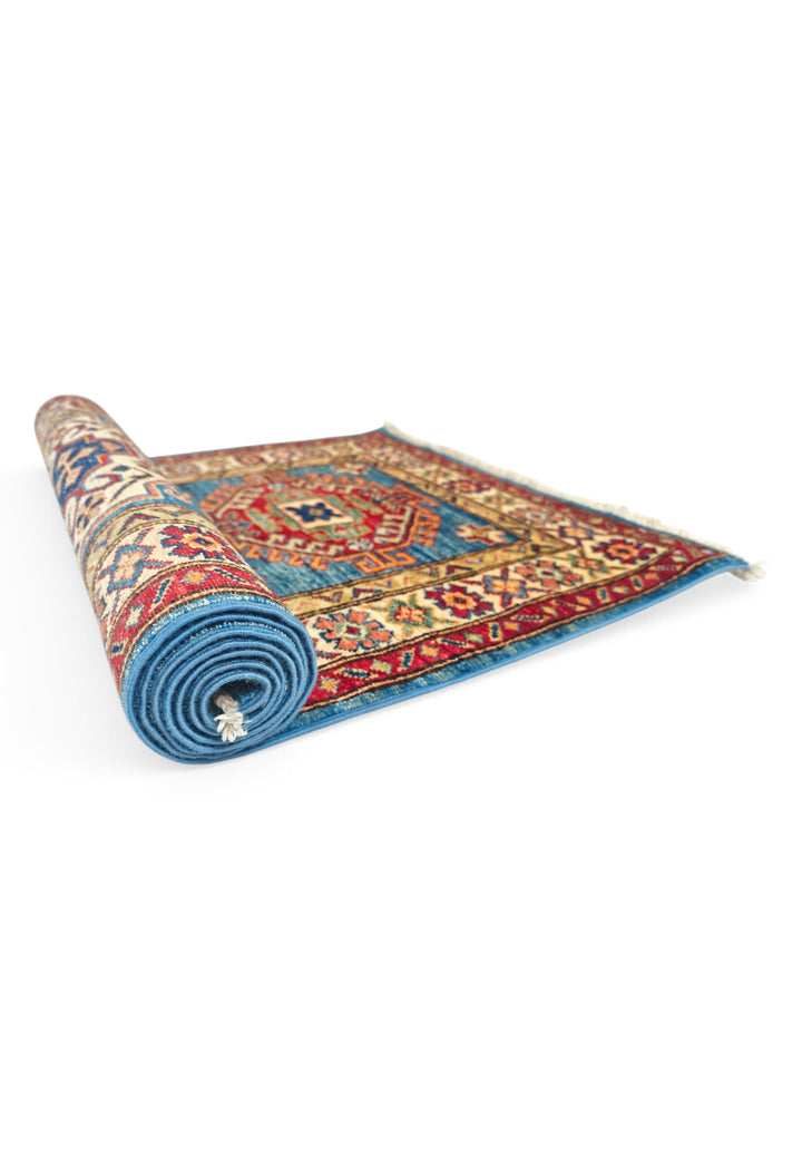 Teal Blue and Cream Hooked Medallion Kazak, Hand-Knotted Wool Rug