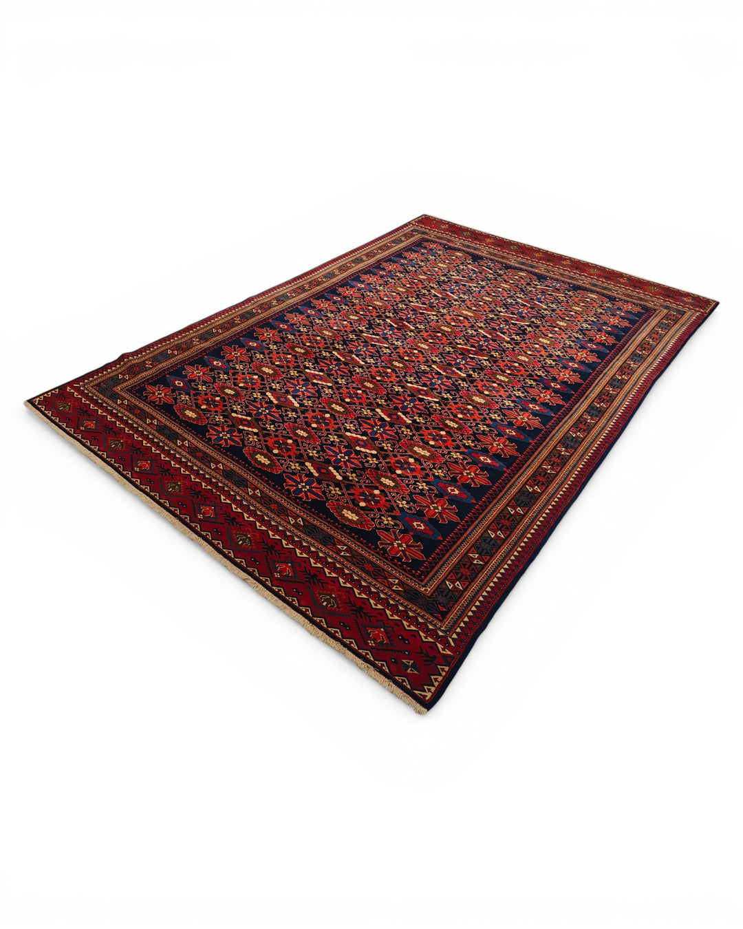 Indigo &amp; Red All-Over Floral Rug, Hand-Knotted Afghani Sherwan