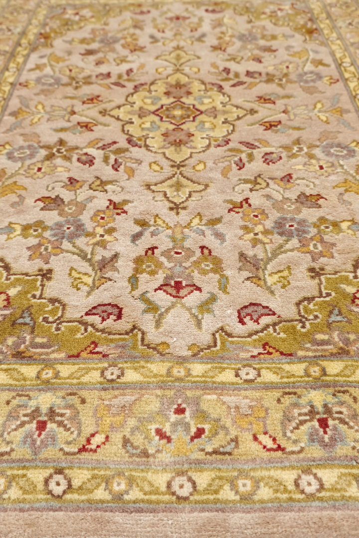 Blush and Olive Gold Medallion Tabriz, Hand-Knotted Wool and Silk Rug