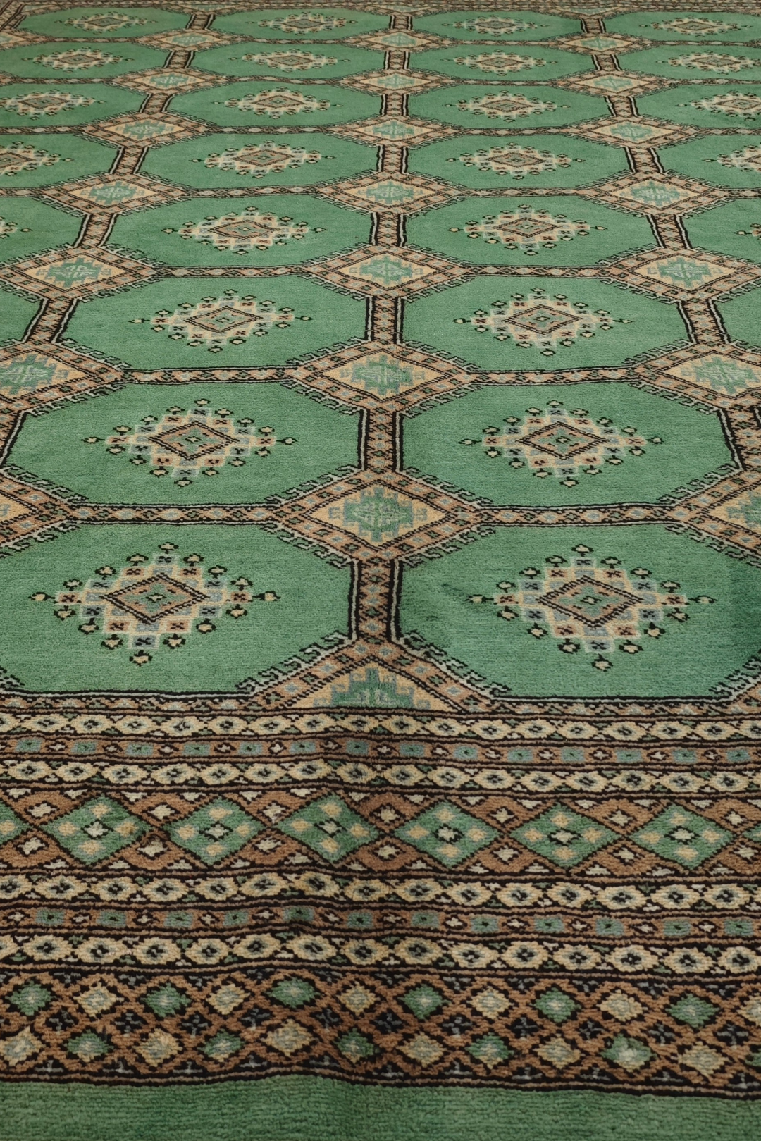 Jade Green and Cream Compartment Bokhara, Hand-Knotted Wool and Silk Rug