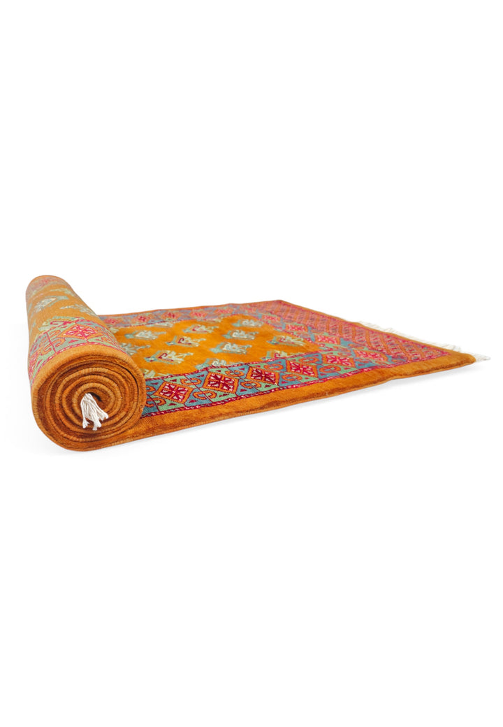 Saffron and Teal Flowering Shrub Repeat, Hand-Knotted Wool Rug