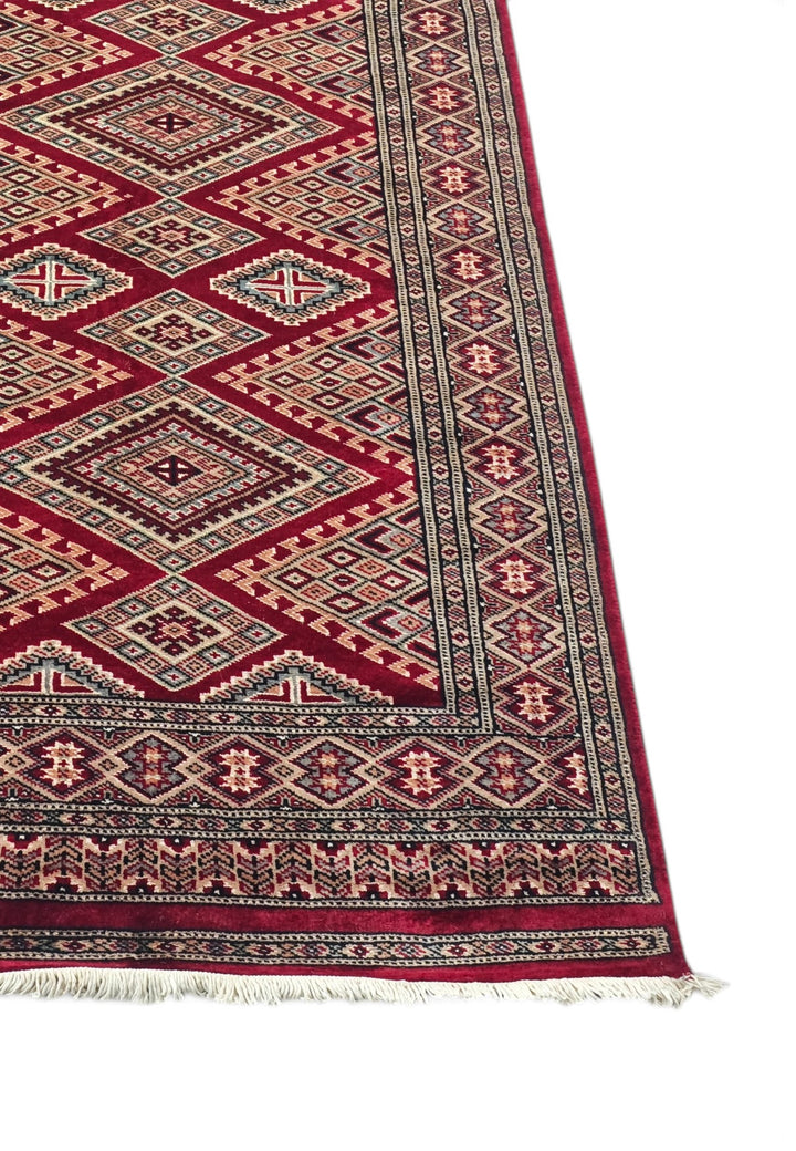 Wine and Cream Jaldar Lattice, Hand-Knotted Wool and Silk Rug