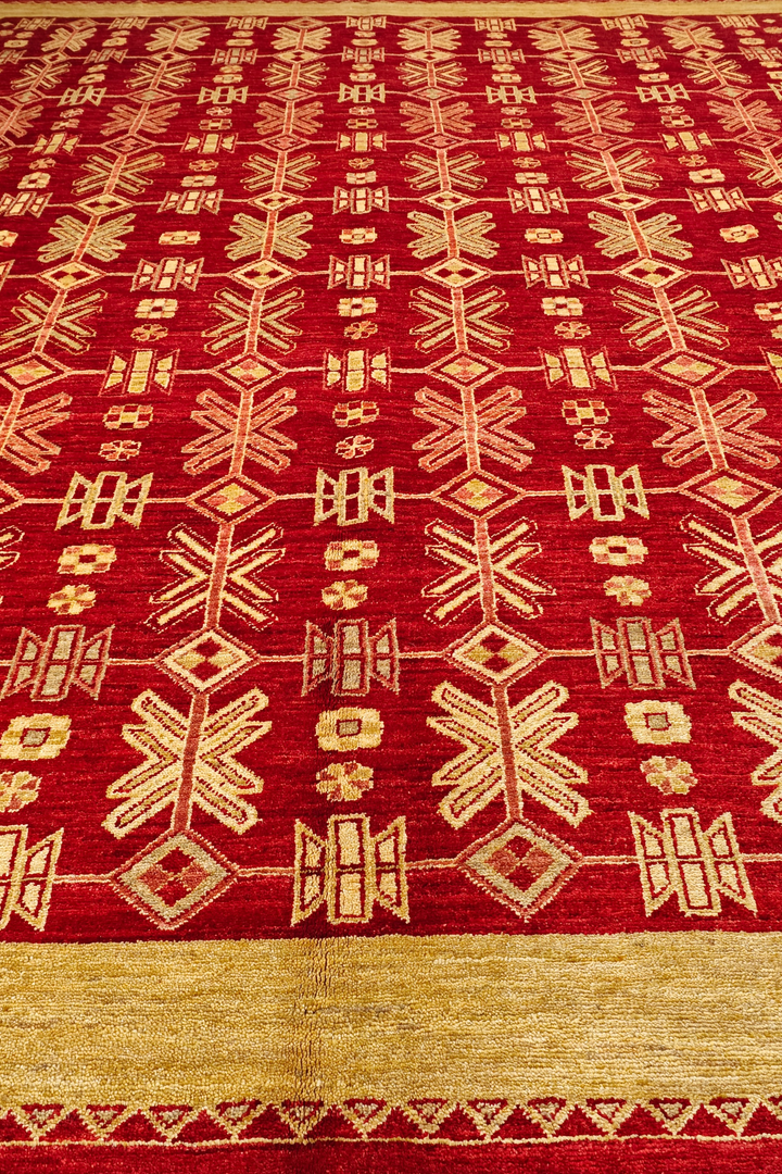 Bright Red and Wheat Gold Lattice Ghazni, Hand-Knotted Wool Rug