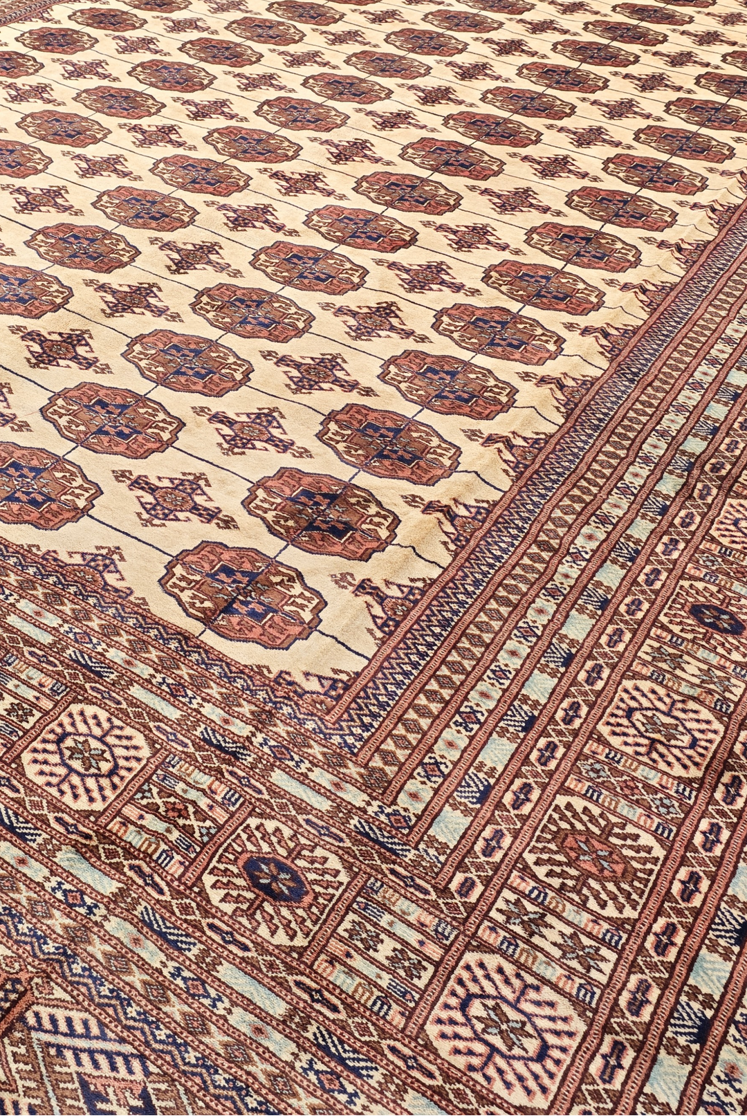 Ivory and Chestnut Turkmen Gül Bokhara, Hand-Knotted Sherwan