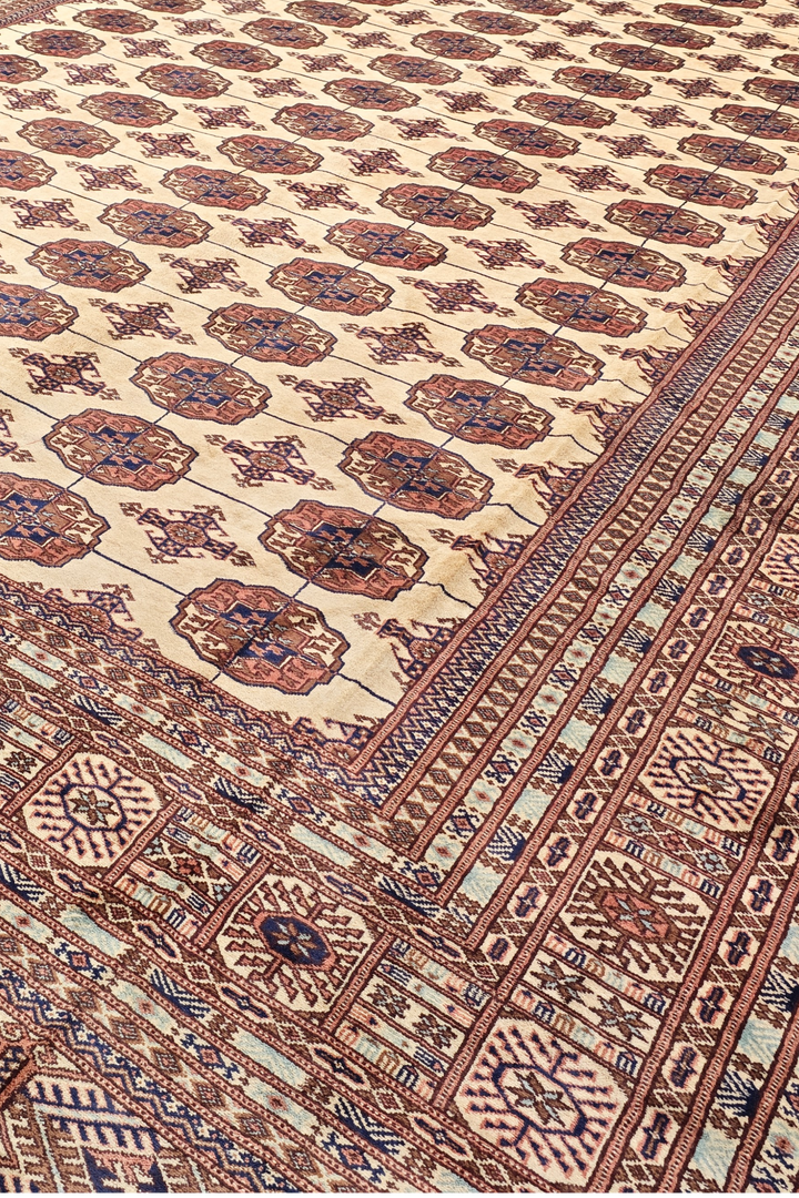 Ivory and Chestnut Turkmen Gül Bokhara, Hand-Knotted Sherwan
