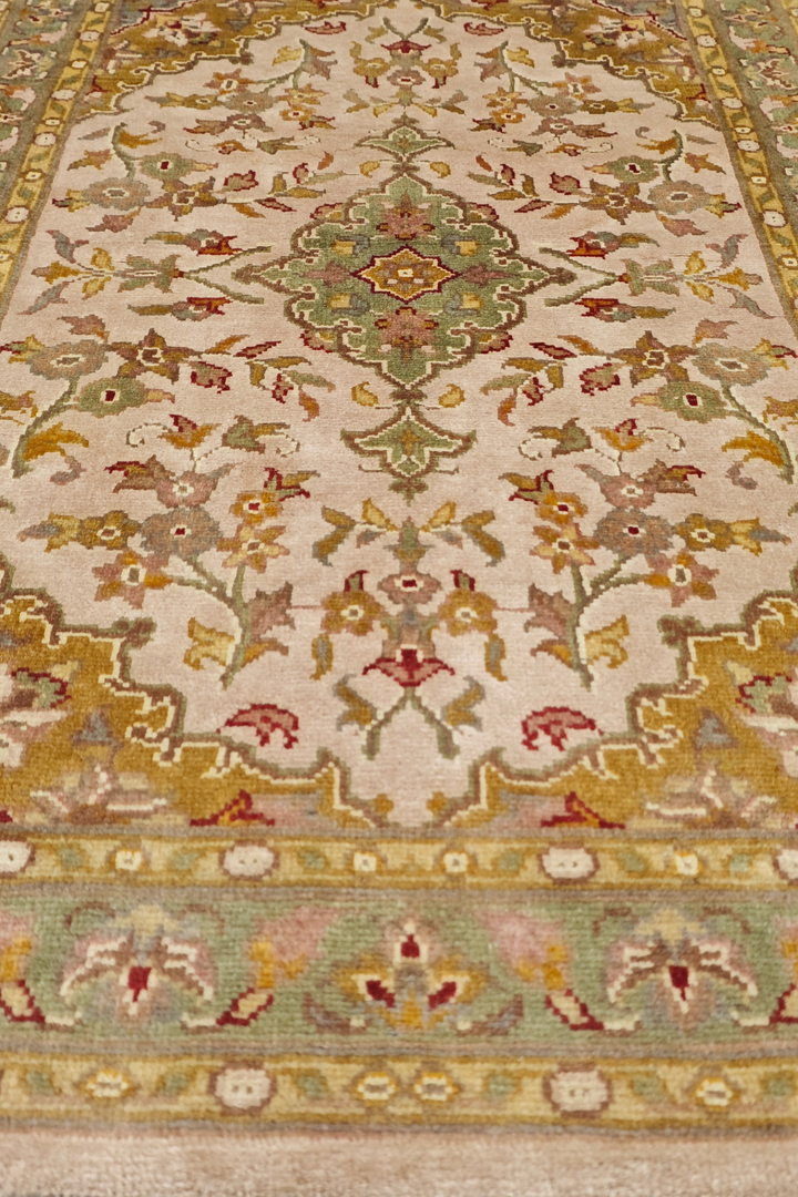 Blush and Ochre Medallion Tabriz, Hand-Knotted Wool and Silk Rug