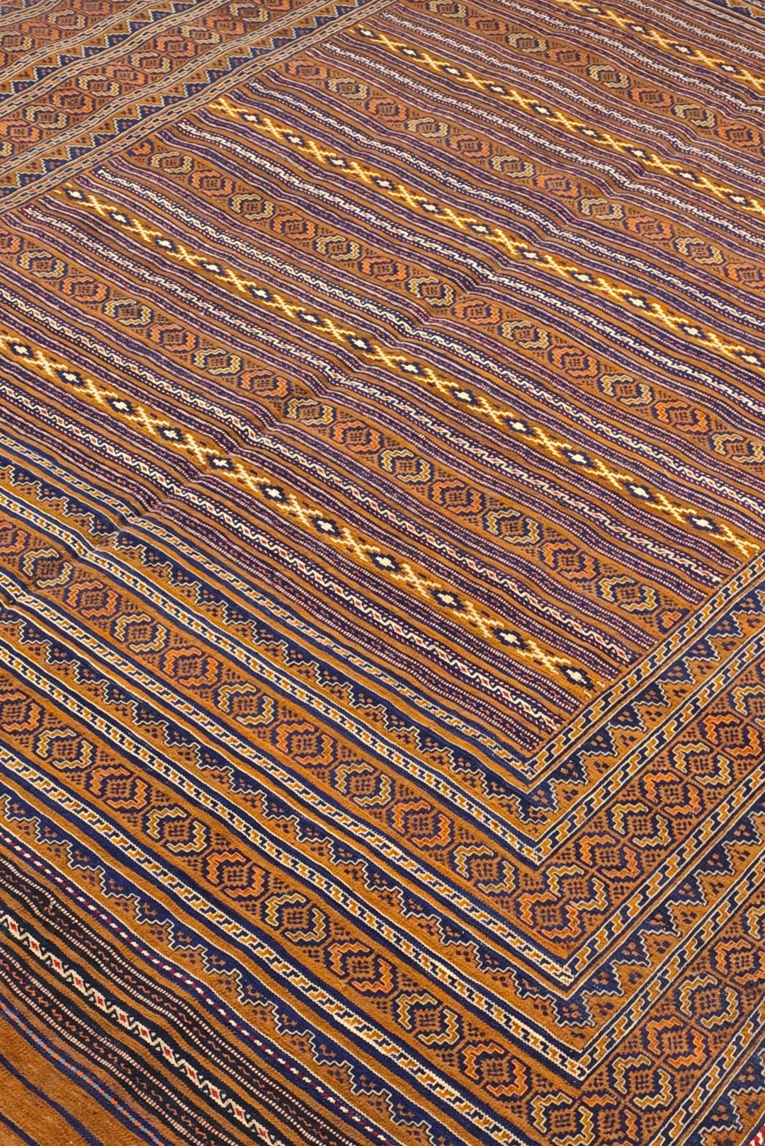 Caramel and Gold Banded Kilim, Hand-Woven Wool