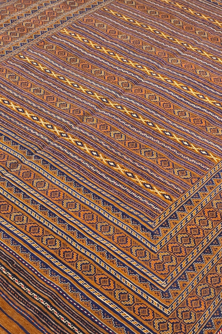 Caramel and Gold Banded Kilim, Hand-Woven Wool