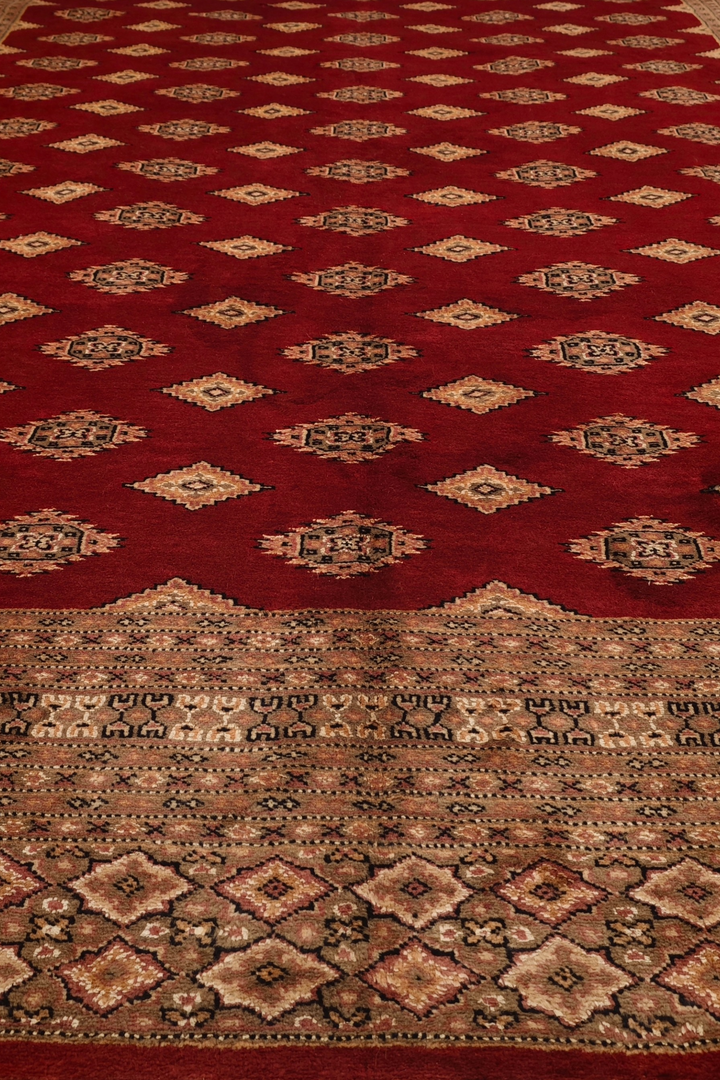 Oxblood and Tan Jaldar Alternating Diamond, Hand-Knotted Wool and Silk Rug