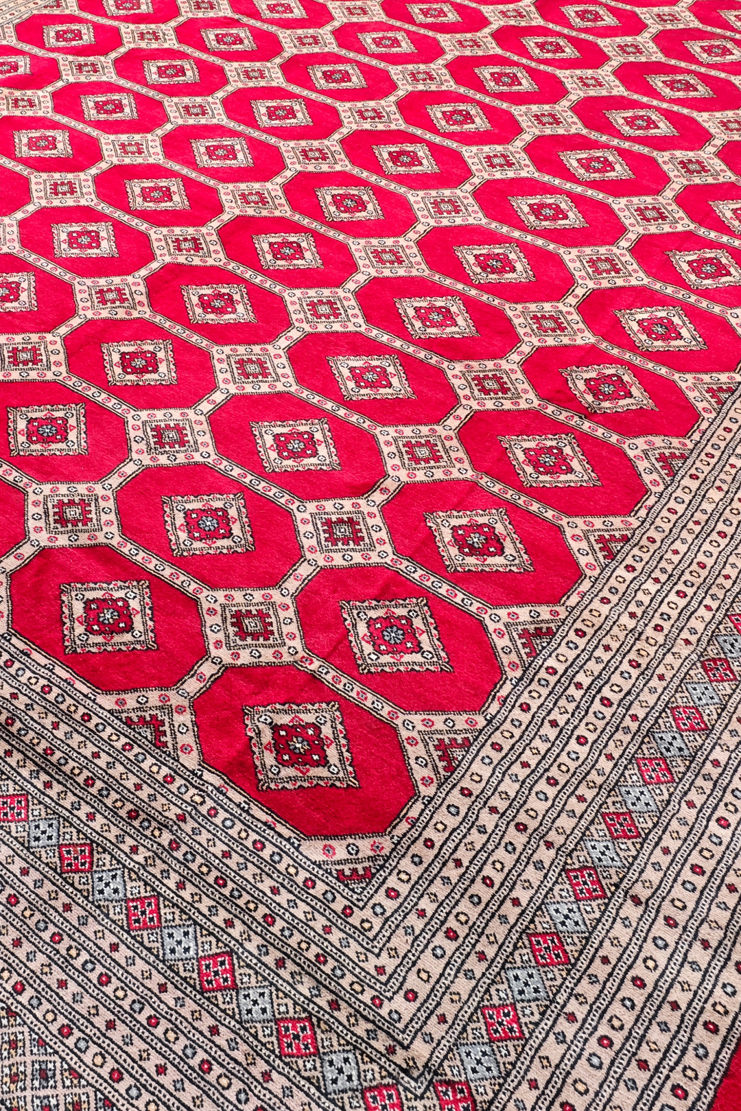Ruby Red Diamond Lattice Bokhara, Hand-Knotted Wool Rug
