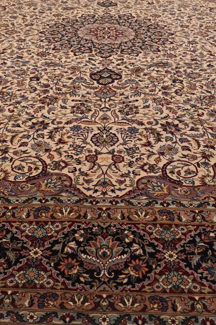 Ivory and Navy Floral Medallion, Hand-Knotted Wool and Silk Rug