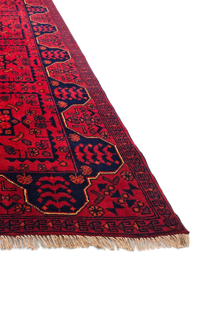 Cherry Red and Navy Khan Muhammadi Runner, Hand-Knotted Wool
