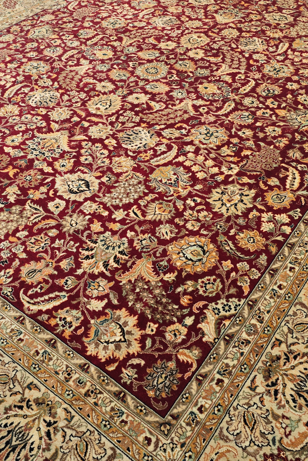 Burgundy and Camel Shah Abbasi Floral, Hand-Knotted Wool Rug