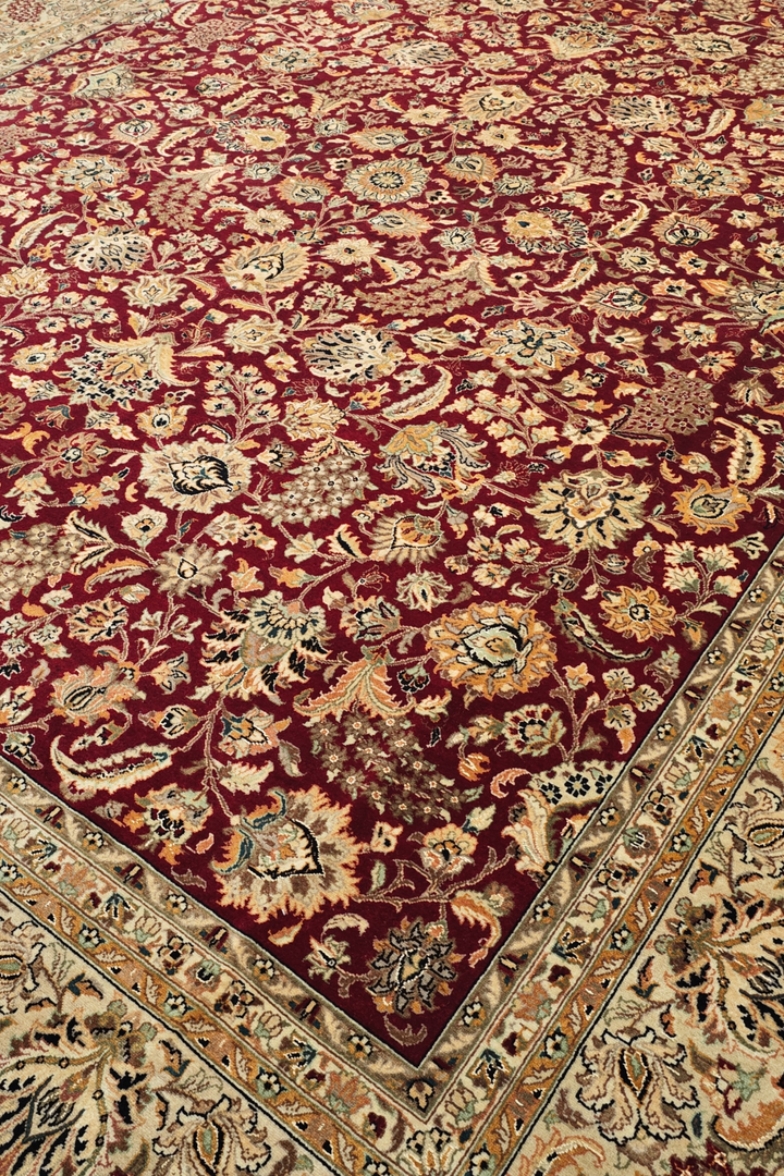 Burgundy and Camel Shah Abbasi Floral, Hand-Knotted Wool Rug