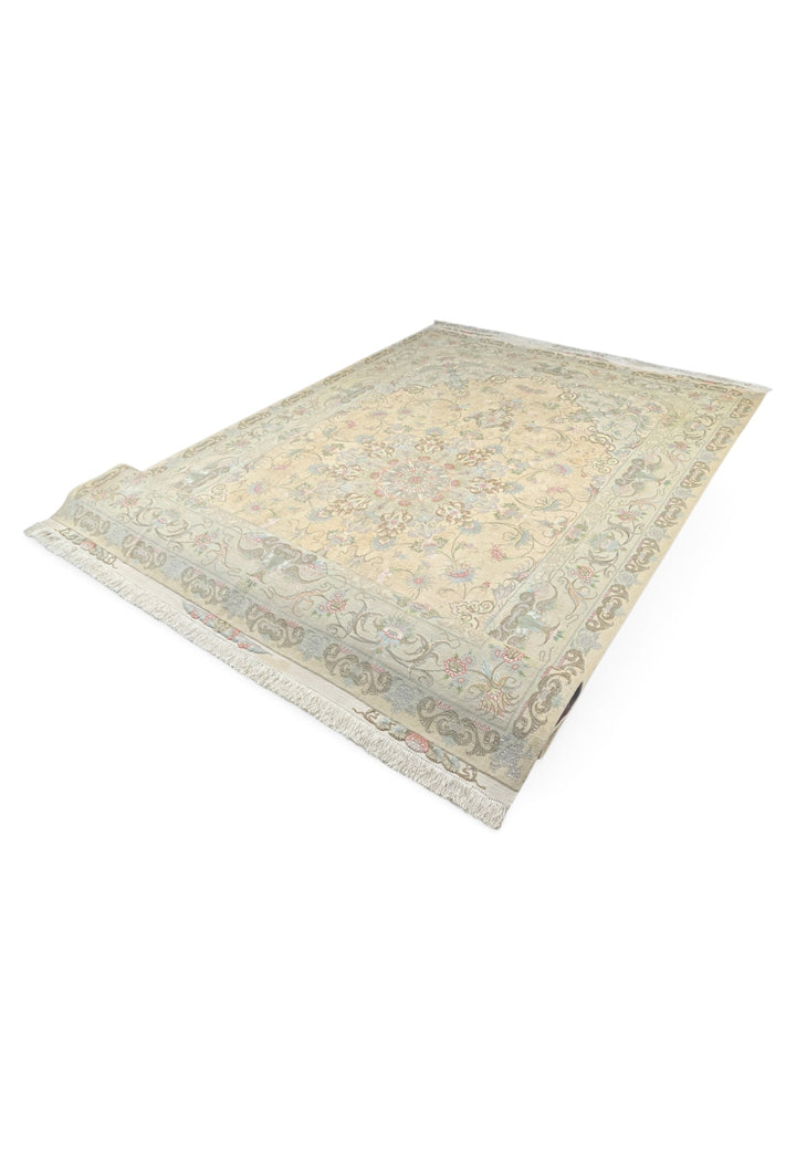 Cream and Soft Pink Medallion Tabriz, Hand-Knotted Wool Rug
