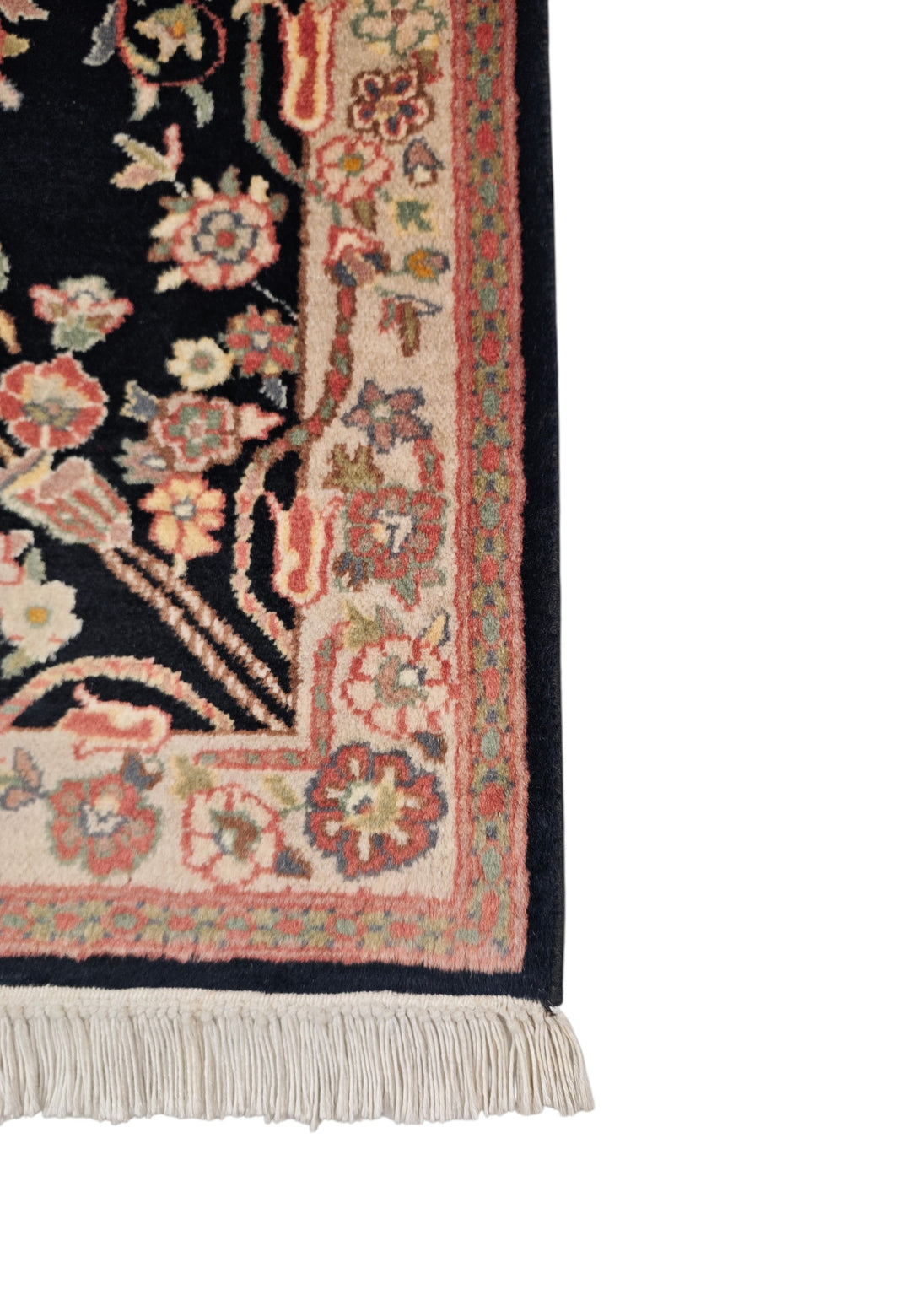 Black and Cream Kashan Floral Medallion, Hand-Knotted Wool Rug
